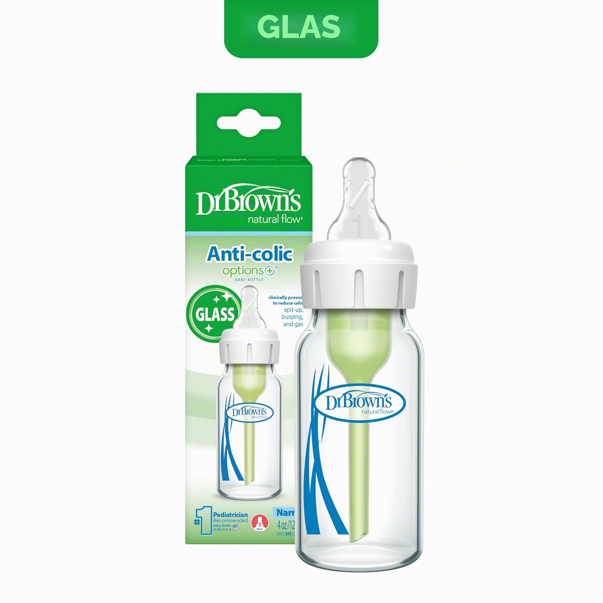 Dr. Brown's Anti-Kollik Options+ Schmale Glas-Babyflasche mit Level 1 Langsamem Durchfluss-Sauger, BPA-frei, 120 ml/4 oz, ab 0 Monaten, 1-Pack (Verpackung kann variieren)