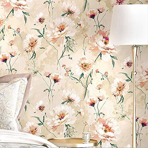 American Country Pastoral Non-Woven Wallpaper Retro Style Peony Flowers Bedroom Living Room Sofa Bedside TV Background Wall 1.73'W x 32.8'L Non-Pasted (Yellow) Cover