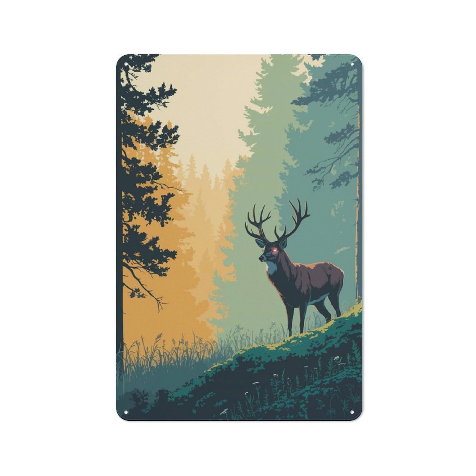 Junmoney Deer In Forest With Glowing Eyes Tin Wall Plaque 30X20cm With For Hobby Room Or Studio, New Home Wall Decor For Creative Interior Collectors