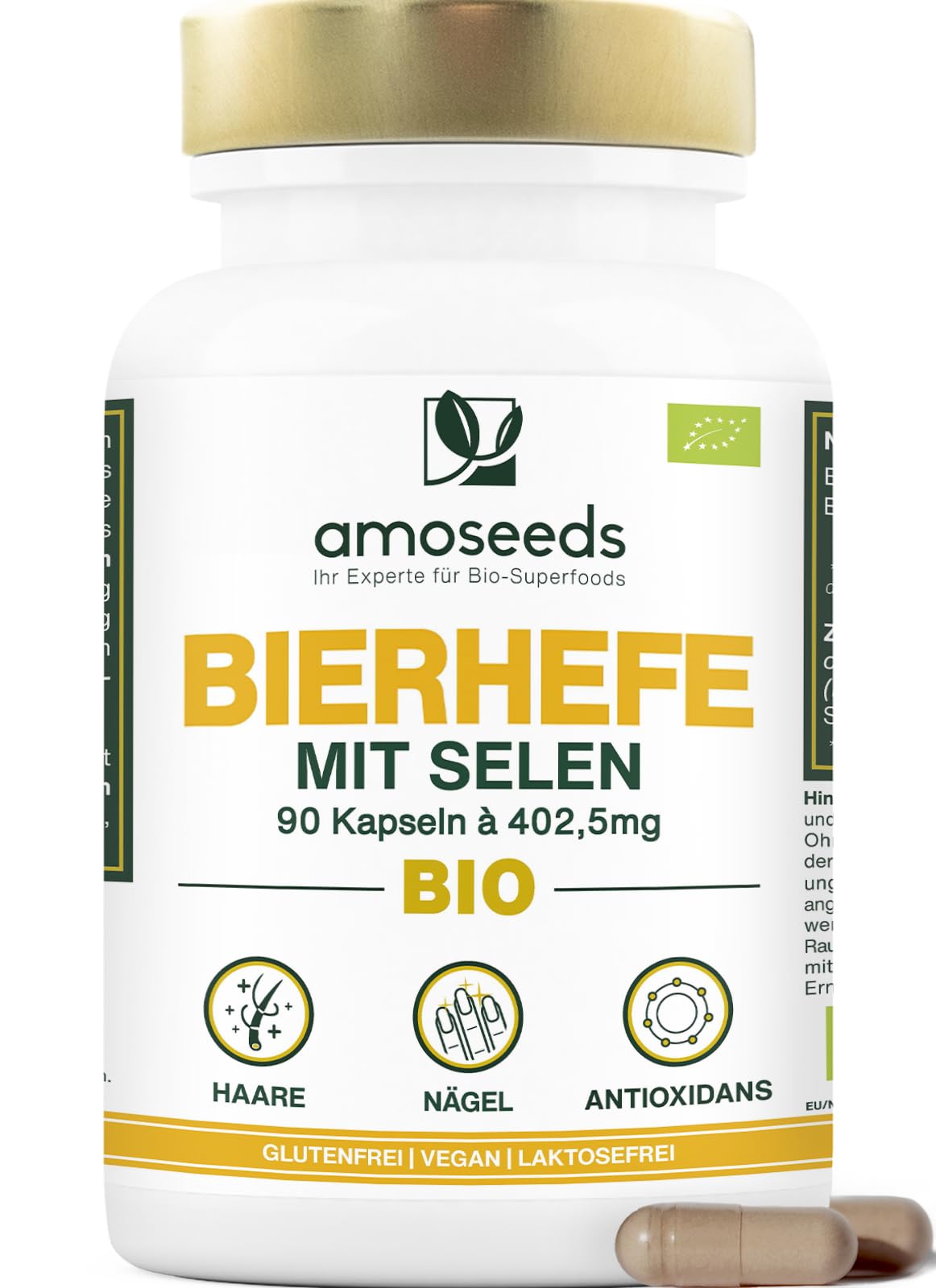 BIO-Bierhefe | Haare und Nägel | Lebendhefe, 1200mg / Tag, Glutenfrei | Angereichert mit Selen | 90 vegane Kapseln | Spitzenqualität
