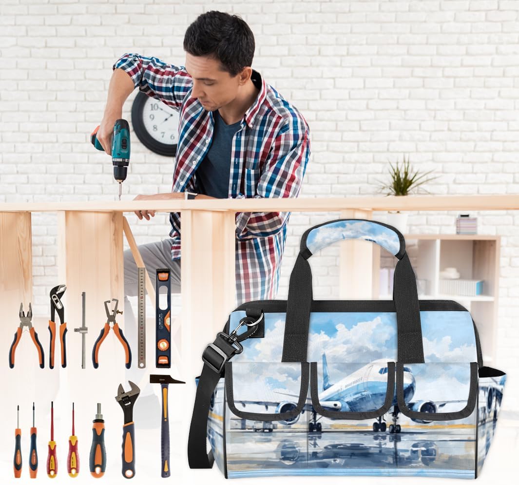 Watercolor Airplane Aircraft Tool Bag for Men and Women, 14.8inch Heavy Duty Tools Tote Organizer Bags, Waterproof Tool box Storage Bag with Adjustable Shoulder Strap