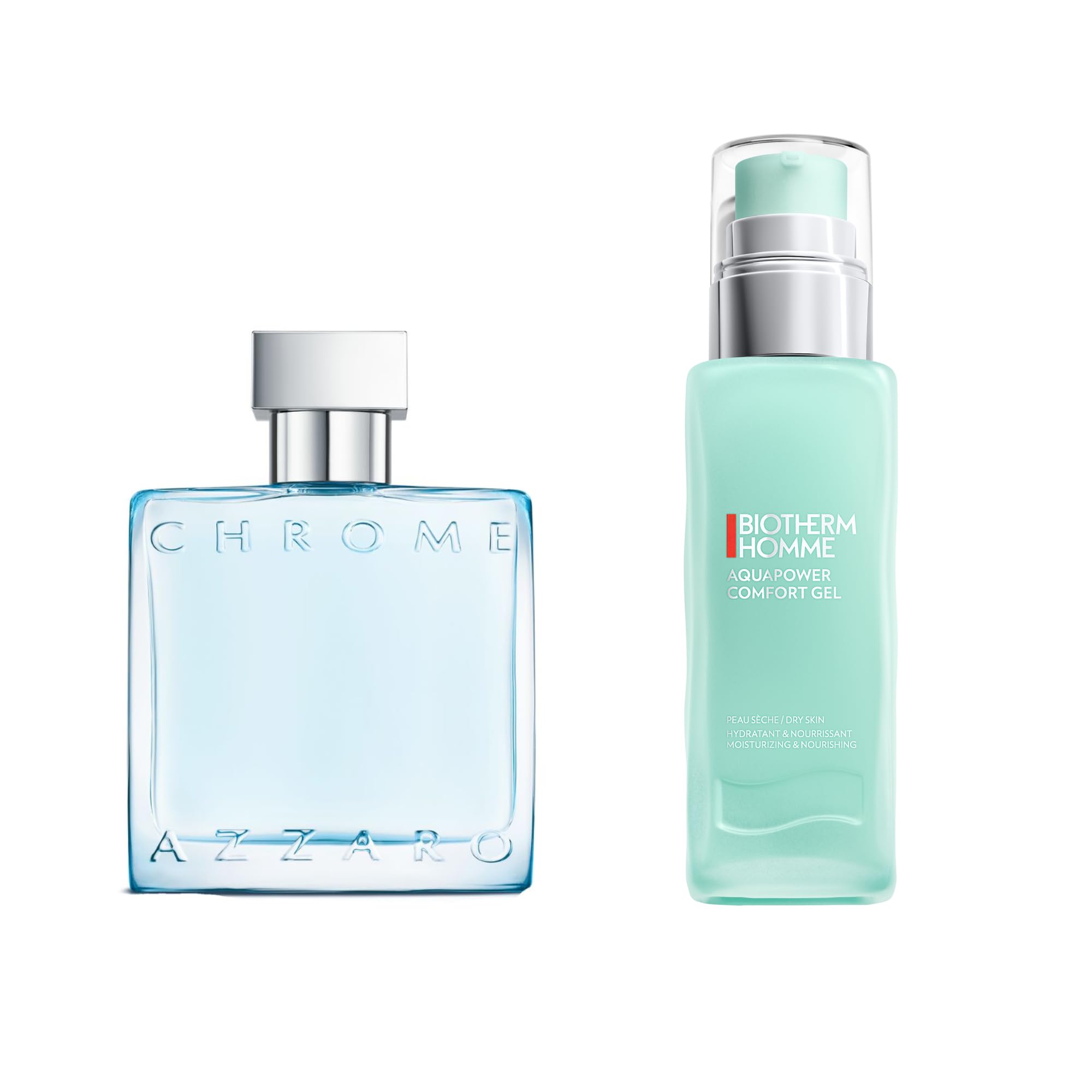 Lot de Azzaro Chrome, Eau de Toilette en Spray Vaporisateur pour Homme, Parfum Frais, 50 ml + Biotherm Homme, Aquapower Comfort Gel Peaux Sèches, Gel Hydratant Visage pour Homme, 75 ml