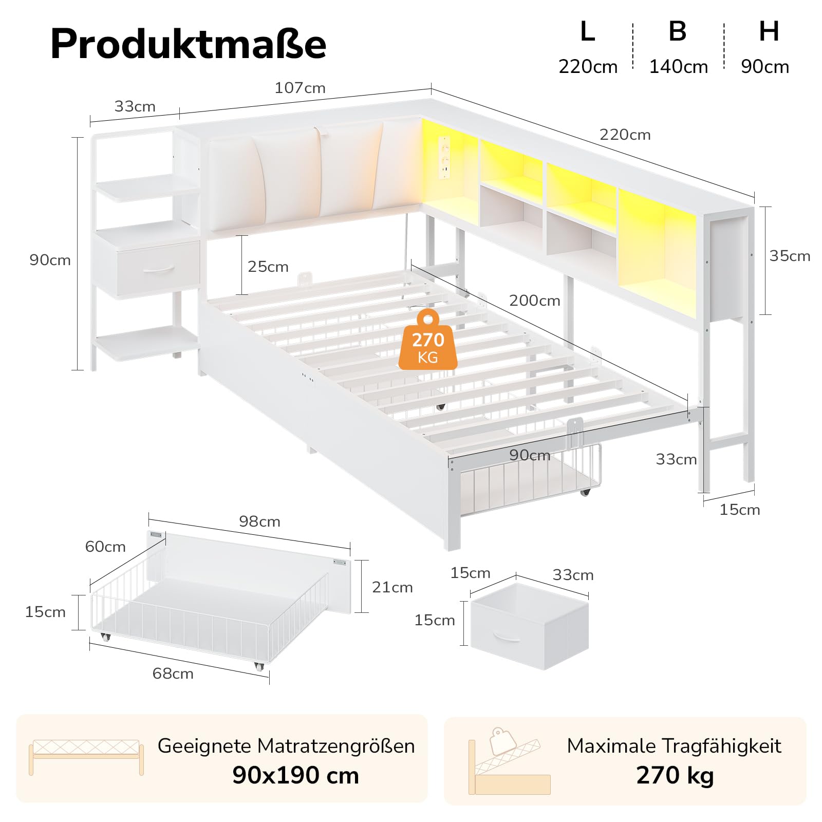 Cama juvenil de 90x200 in, color blanco con LED, espacio de