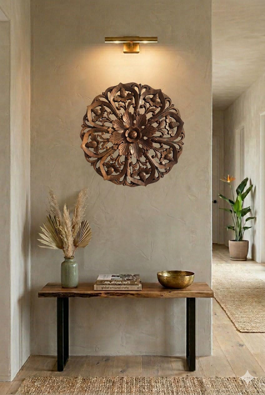 Lotus Wood Carved Wall Art Round Plaque.Tropical Bali Floral Rustic Home Decor. 24" Extra Thick (Brown)