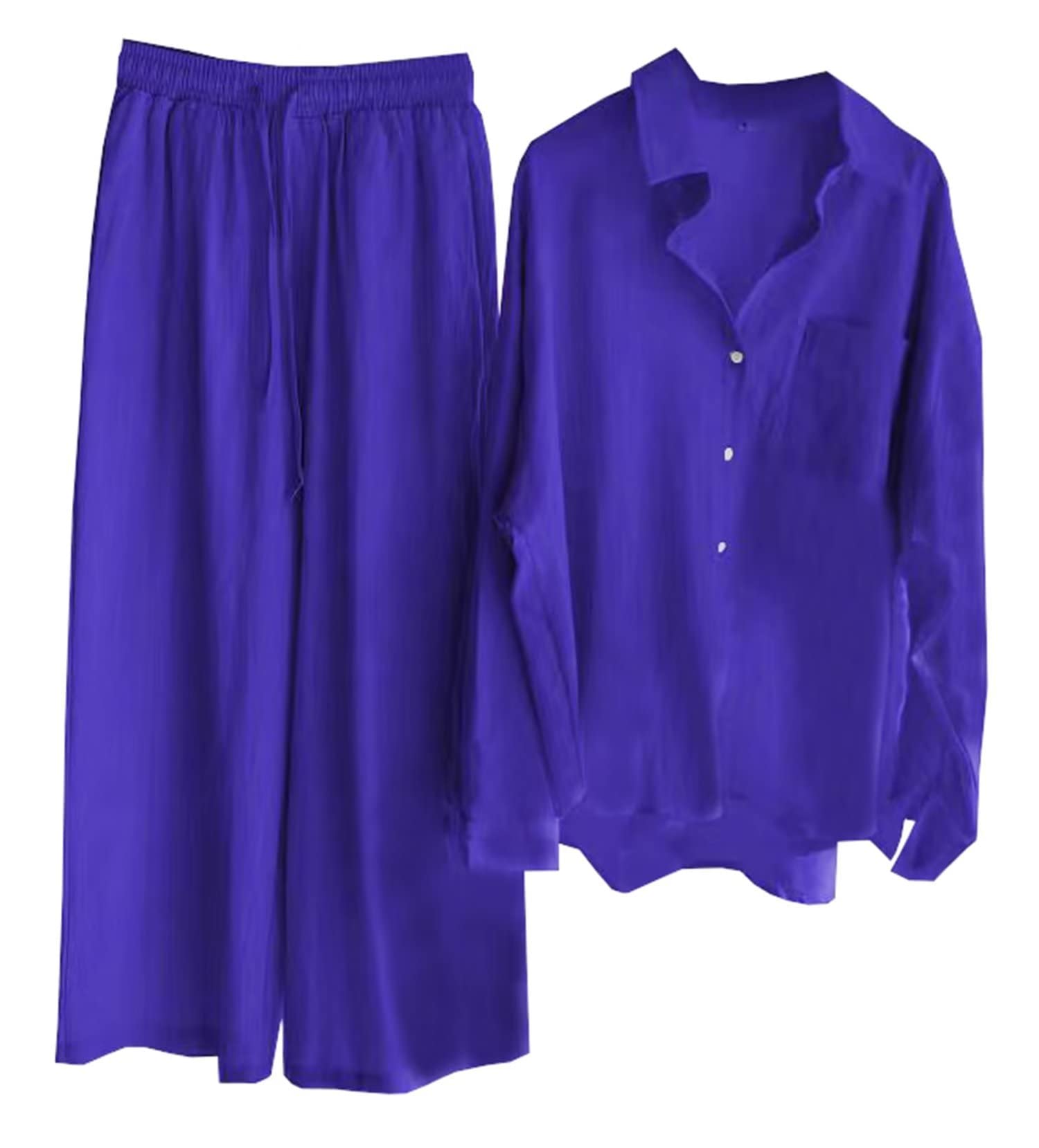 Beralst Set 2 Pezzi Donna: Camicia Di Lino Con Bottoni E Pantaloni A Gamba Larga, Blu Scuro, XX-Large