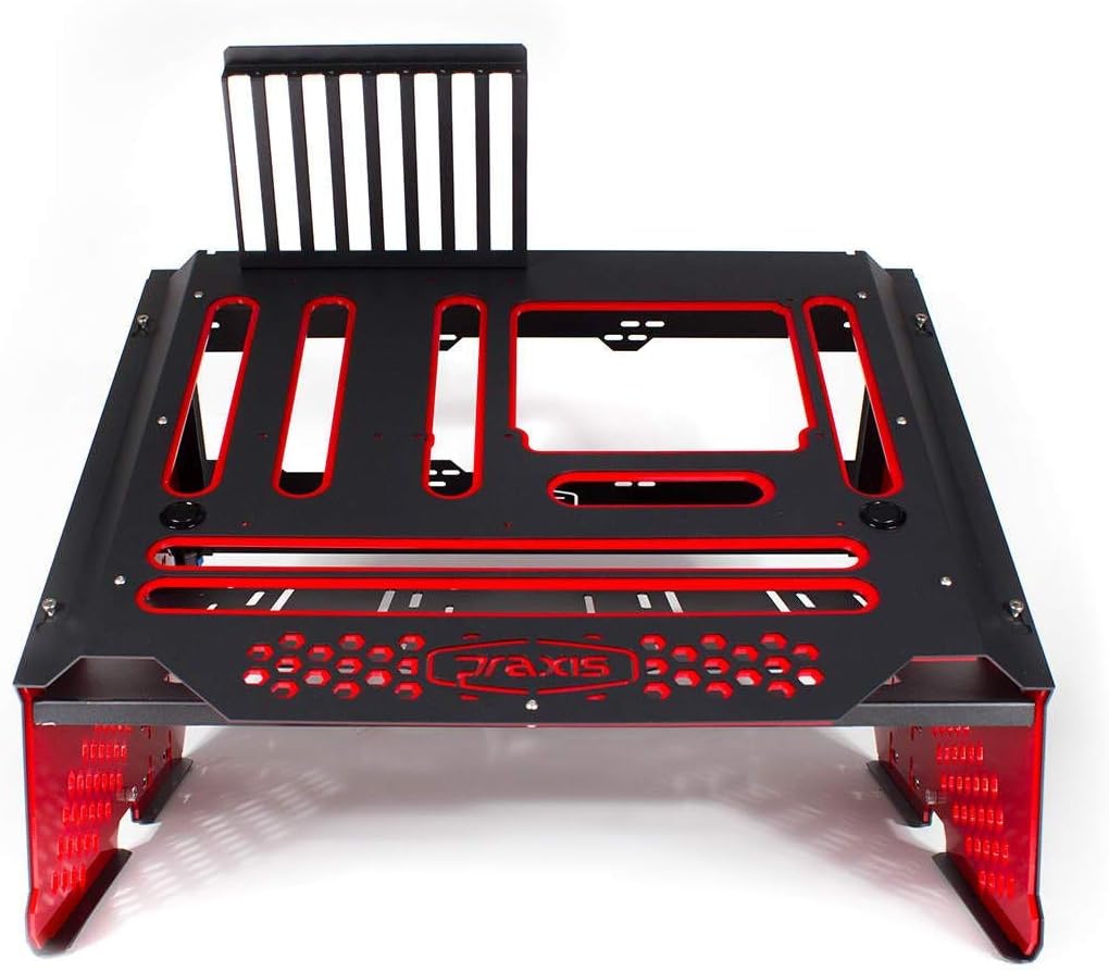 PrimoChillPraxis Wetbench Powdercoated Steel Modular Open Air Computer Test Bench for Watercooling or Air Cooled Components - Black w/Solid Red Accents