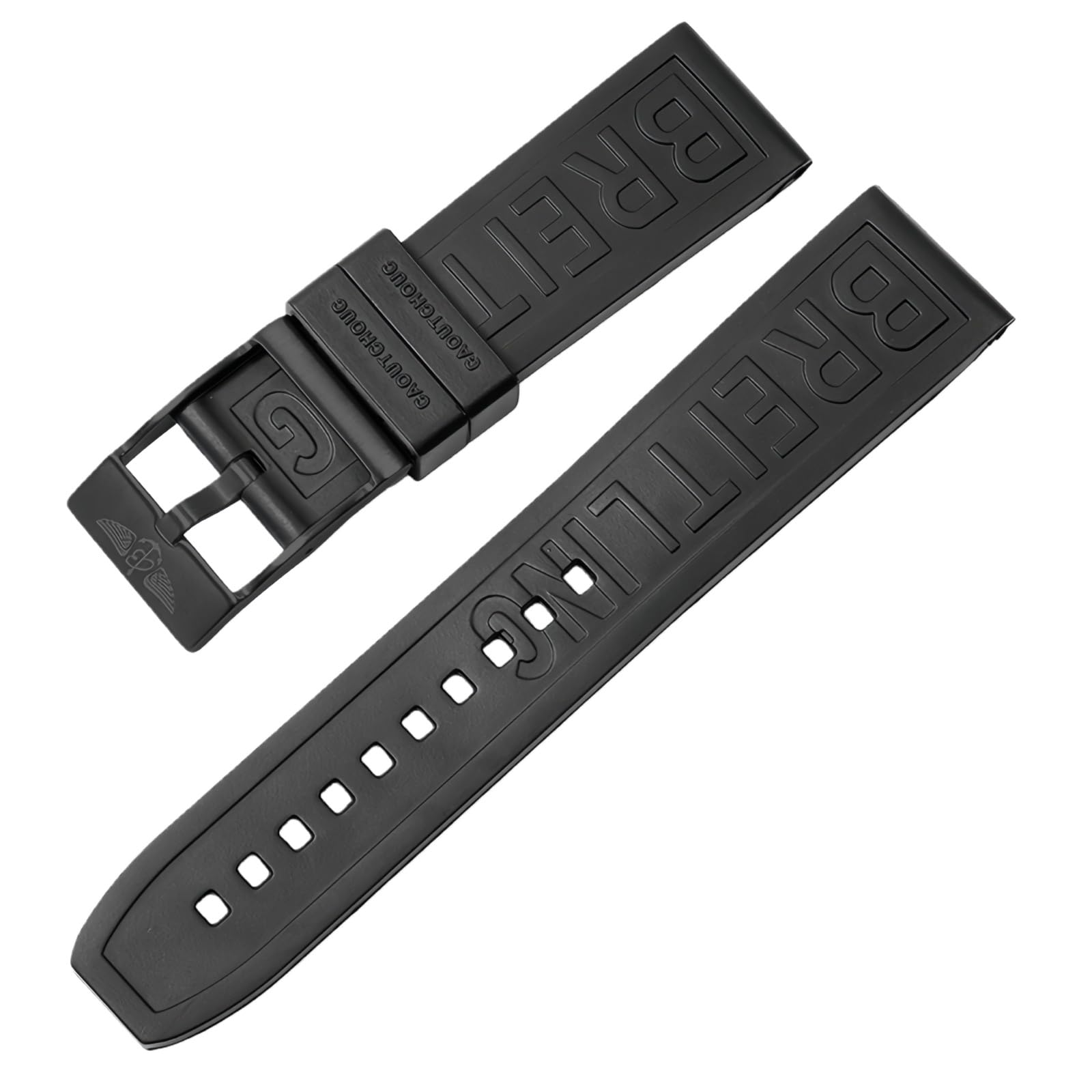 ROUHO Sweatproof Silicone Wristband Replacement Watchband Durable Rubber Watch Strap for Breitling Superocean Avenger-Black + Black Buckle 22mm