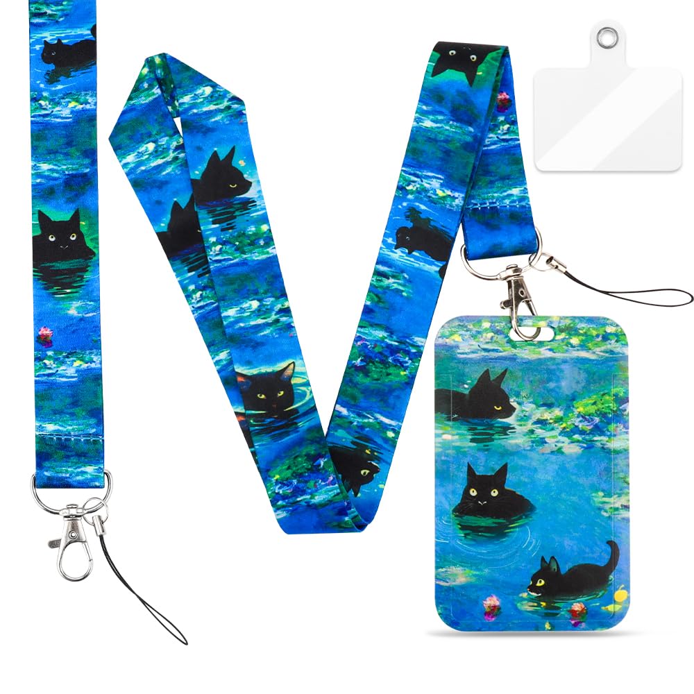 Personality Cat Lanyard ID Badge Holder, Lanyard with Card Holder for Women Men Nurse Teachers Students in Daily Life and Office Scenarios (Blue)