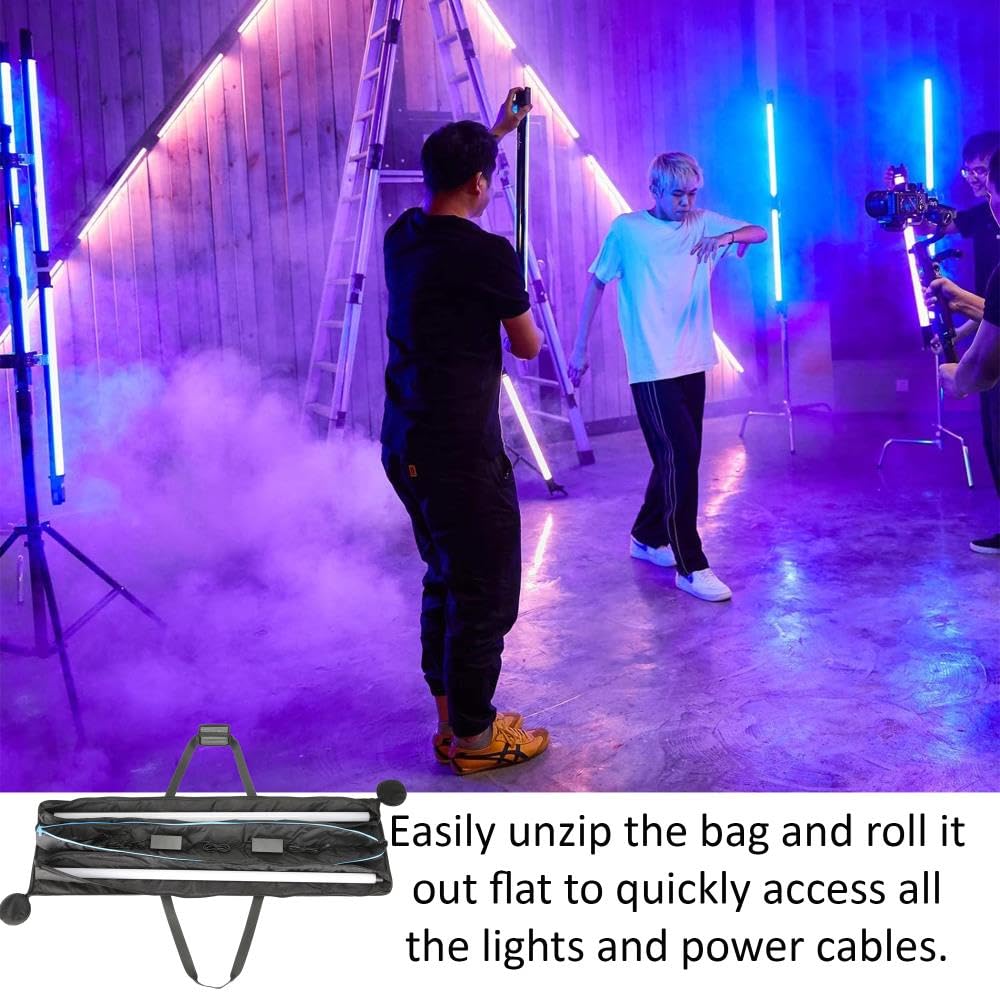 Tragetasche für RGB-LED-Röhren für zwei 1,2 m lange Lichter – wasserabweisendes Cordura-Gewebe mit gepolsterten Fächern, Griffumwicklung und Reißverschlusstasche für Netzadapter, Kabel und