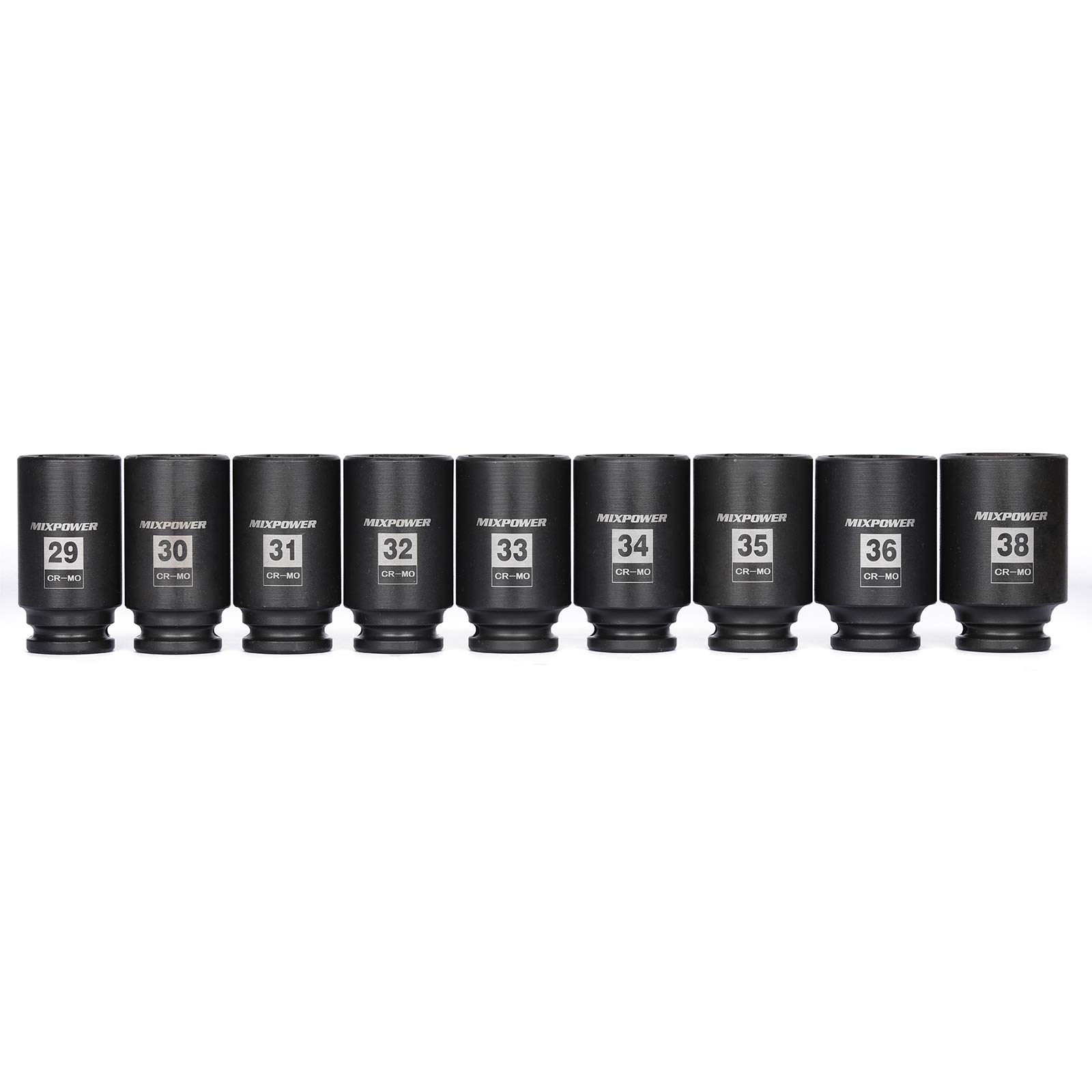 MIXPOWER Set di bussole a impatto profondo da 1/2", 6 punti, CR-MO, metriche, 29 mm-38 mm, 9 pezzi 1/2" Dr. Deep Spindle Axle Nut Impact Socket Set