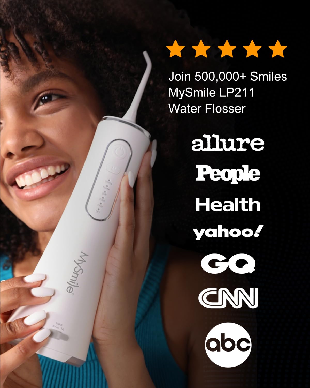 MySmile LP211 - Idropulsore senza fili per denti, 5 modalità, irrigatore orale portatile, 260 ml, per la pulizia dei denti sensibili, idrofilo interdentale ricaricabile da viaggio IPX7 e 2 salviette