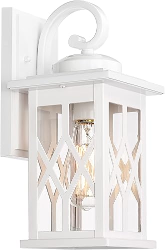 FEMILA Luces de pared para exteriores, lámparas de pared impermeables de 13 pulgadas, luces de porche, acabado blanco mate antioxidante con pantalla