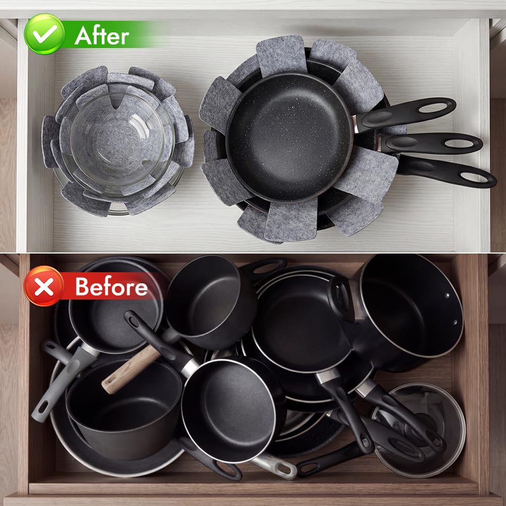 BOYAN Protectores para ollas y sartenes, juego de 12 y 3 tamaños diferentes, almohadillas divisoras de utensilios de cocina, protectores de sartenes apilables, almohadillas separadoras de ollas para