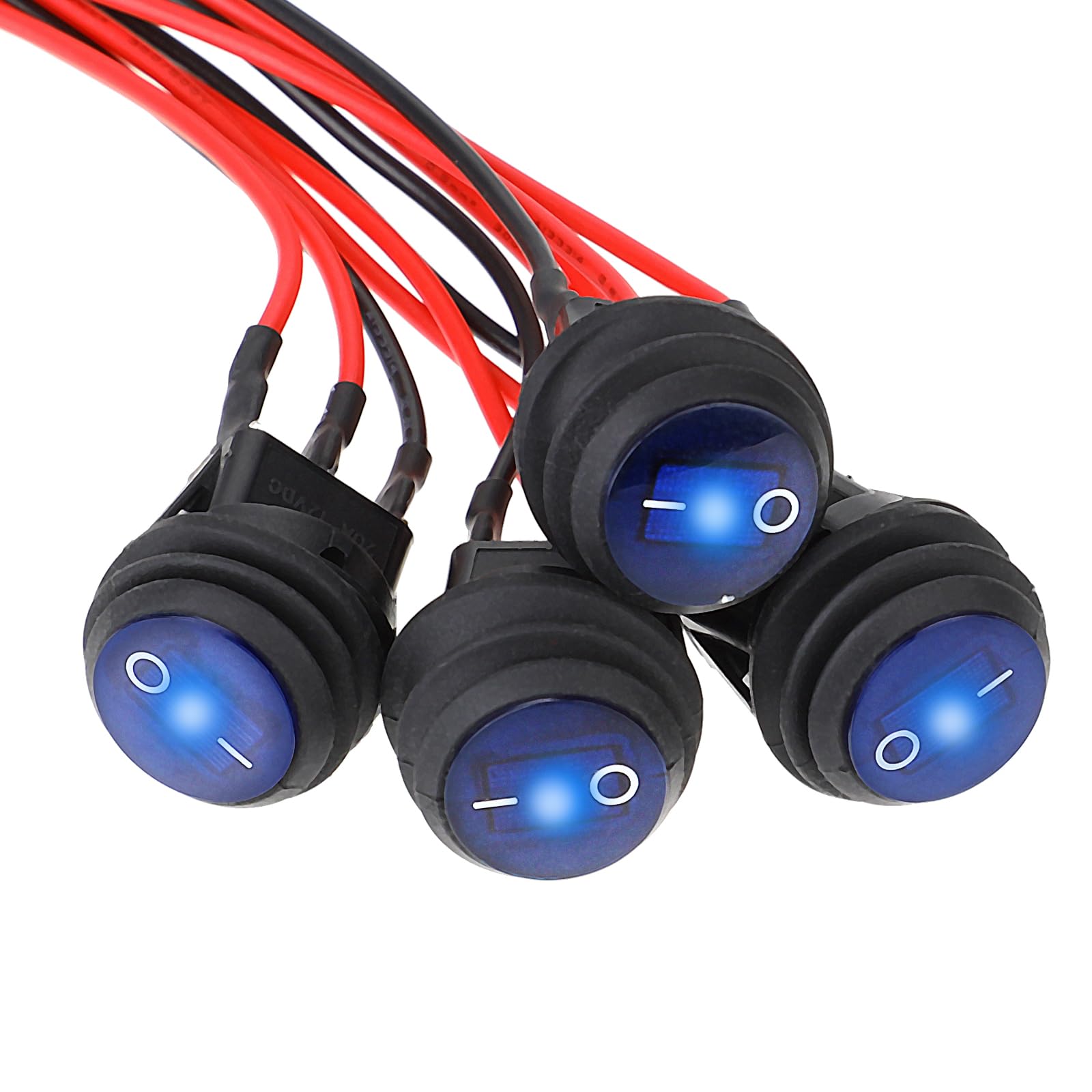 4 Stück 12v Schalter Wasserdichter Rund Kippschalter, 12V 20A SPST 3Pins Lichter und Blau LED Schalter ON/OFF Wippschalter mit 20 CM Vorverdrahtet für Auto, Boot, LKW, Haushaltsgeräte, Wohnmobil