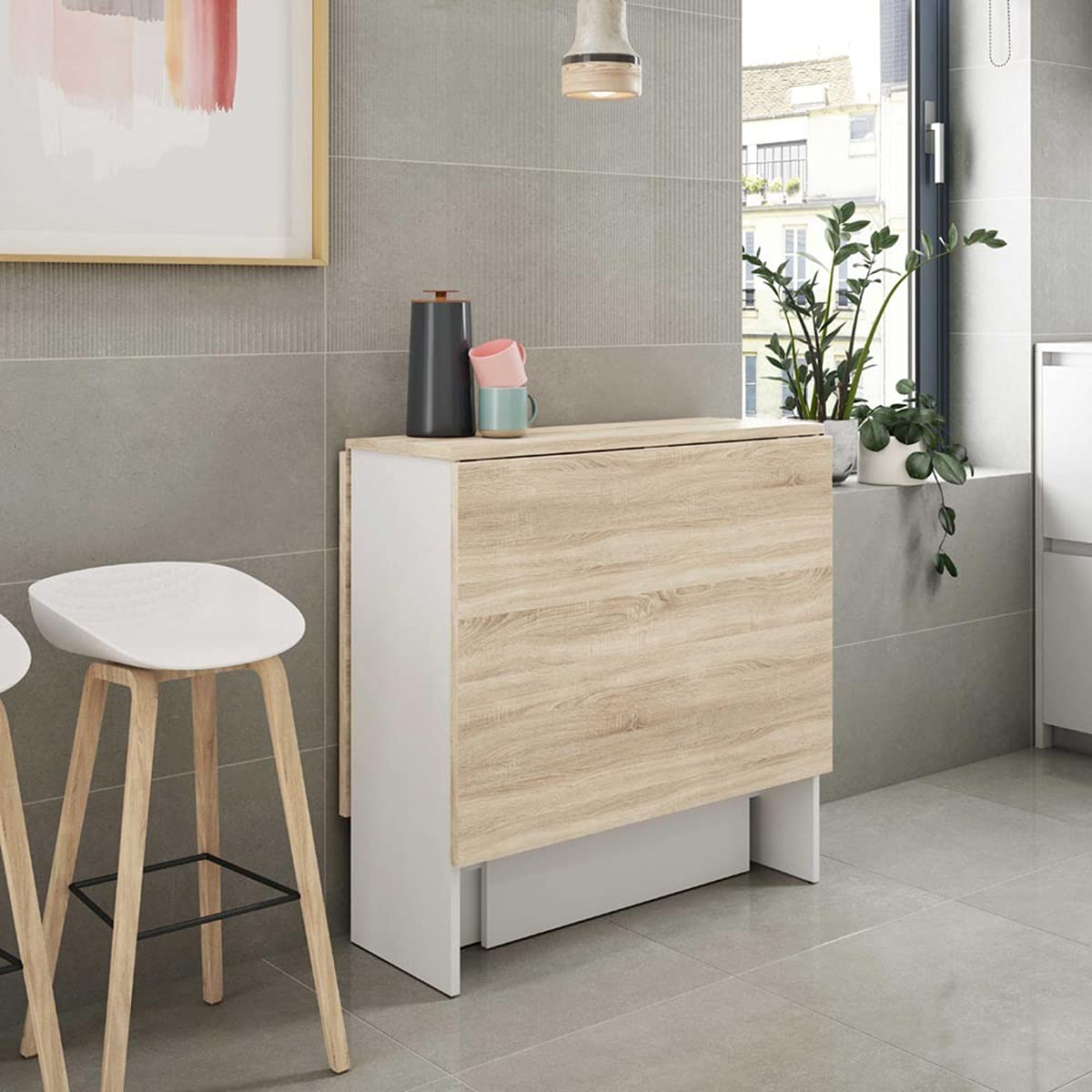 Mesa de Cocina Plegable con Acabado en Color Blanco Artik y Roble Canadian - Dim: 77 cm (Largo) x 31-140 cm (Ancho) x 79 cm (Alto)