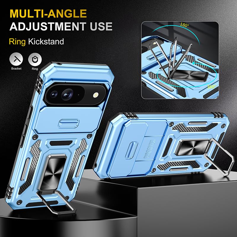 Image of Polycarbonate Slide Camera Cover with Ring Holder Mobile Phone Back Cover for Google Pixel 9 Pro (Blue)