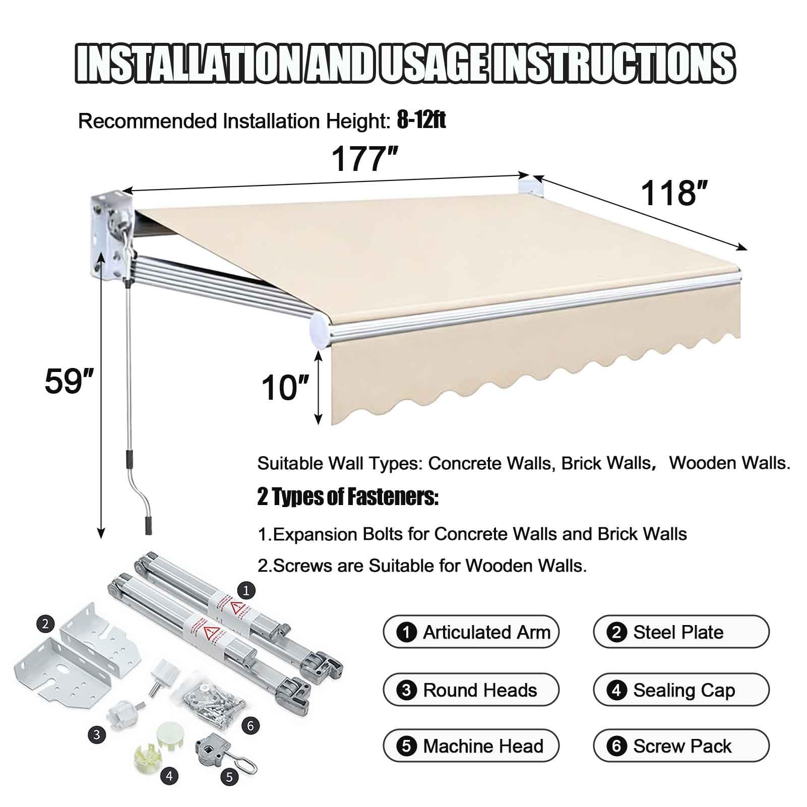 Toldo retráctil de 15 x 8 pies con mango manual resistente a los rayos UV, tela de 300 g/m² y aluminio para terraza, balcón, patio al aire libre