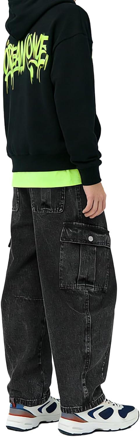 Baggy Jeans for Boys Cargo Jeans, Mid Rise Elastic Waist Multi-Pockets Denim Pants School Streetwear Size 8-12