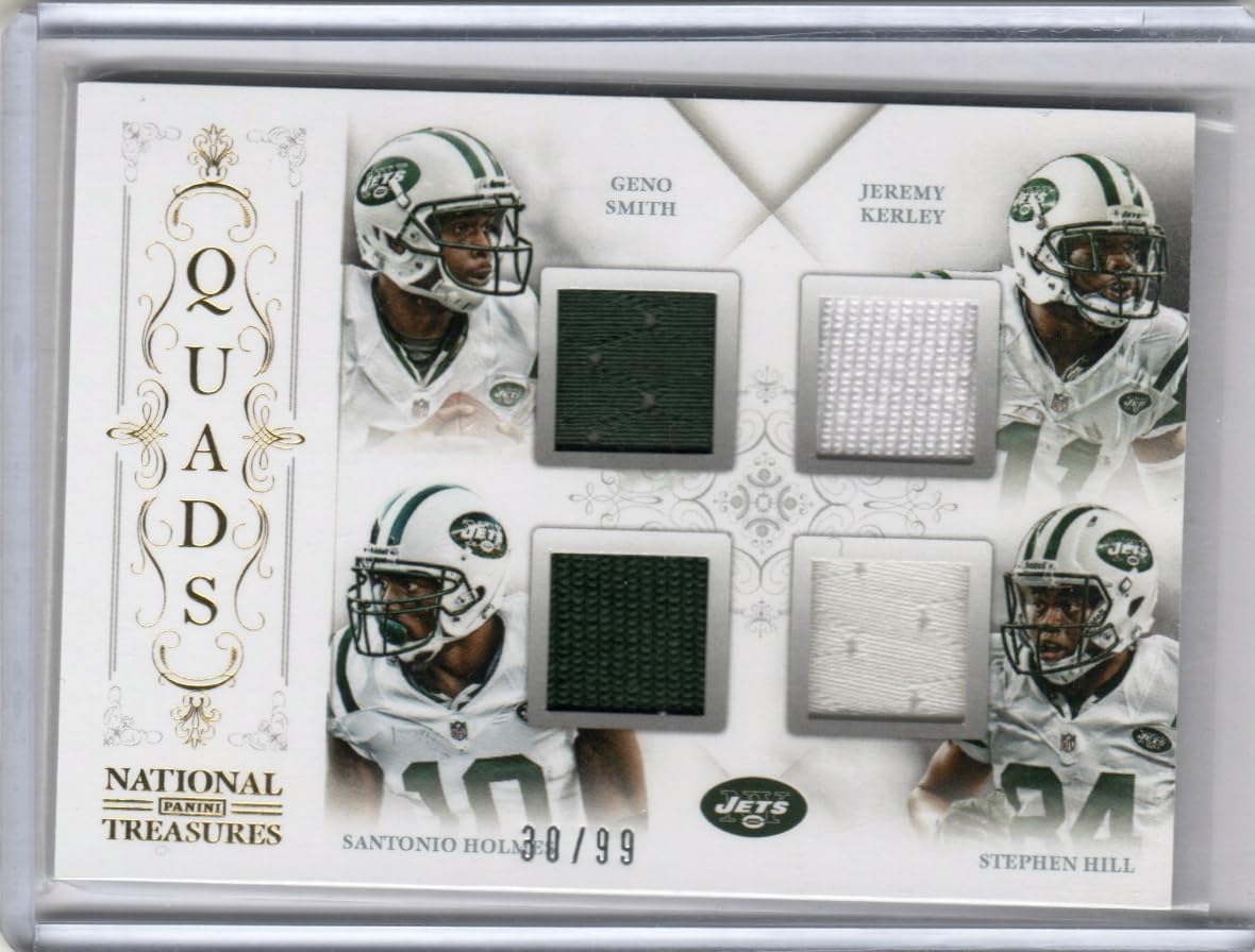 Geno Smith, Jeremy Kerley, Stephen Hill & Santonio Holmes Quads Serial Numbered #30/99 Game Used Jersey Relic Memorabilia Special Insert Collectible Football Card - 2013 National Treasures Football Card #26 (Jets)