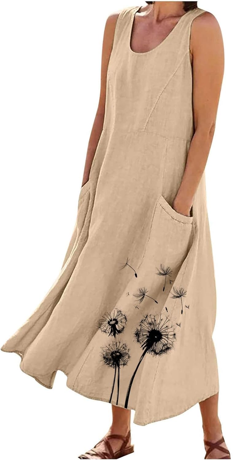 Casual Flowy Linen Maxi Dresses for Women 2026 Summer Loose Crewneck Sleeveless A-Line Swing Beach Sundress