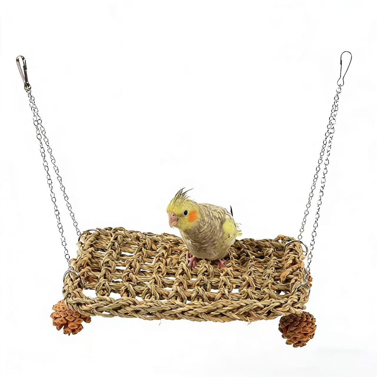 Bird Seagrass Mat, Birds Swing Toy, Natural Grass Handmade Woven Hammock Hanging Parrot Lounger with Pine Cones for Lovebird,Cockatiel,Canary,Parakeets,Finch,Budgie