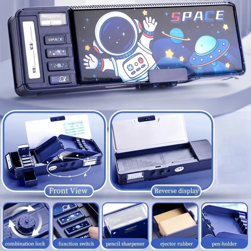 Image of Plastic Multifunctional Space Lock Compass Box for Kids, Pencil Box for Boy & Girl, Magnetic & Password Lock Compass Box for Boys Space Theme Return Gifts for Kids, Multicolor