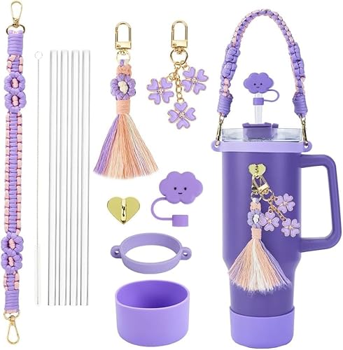 TTPSRY 12 Piezas Set Pajitas Reutilizables Acero Inoxidable Trébol Borla Colgante Vaso Termo Botella Agua Portátil Correa Transporte