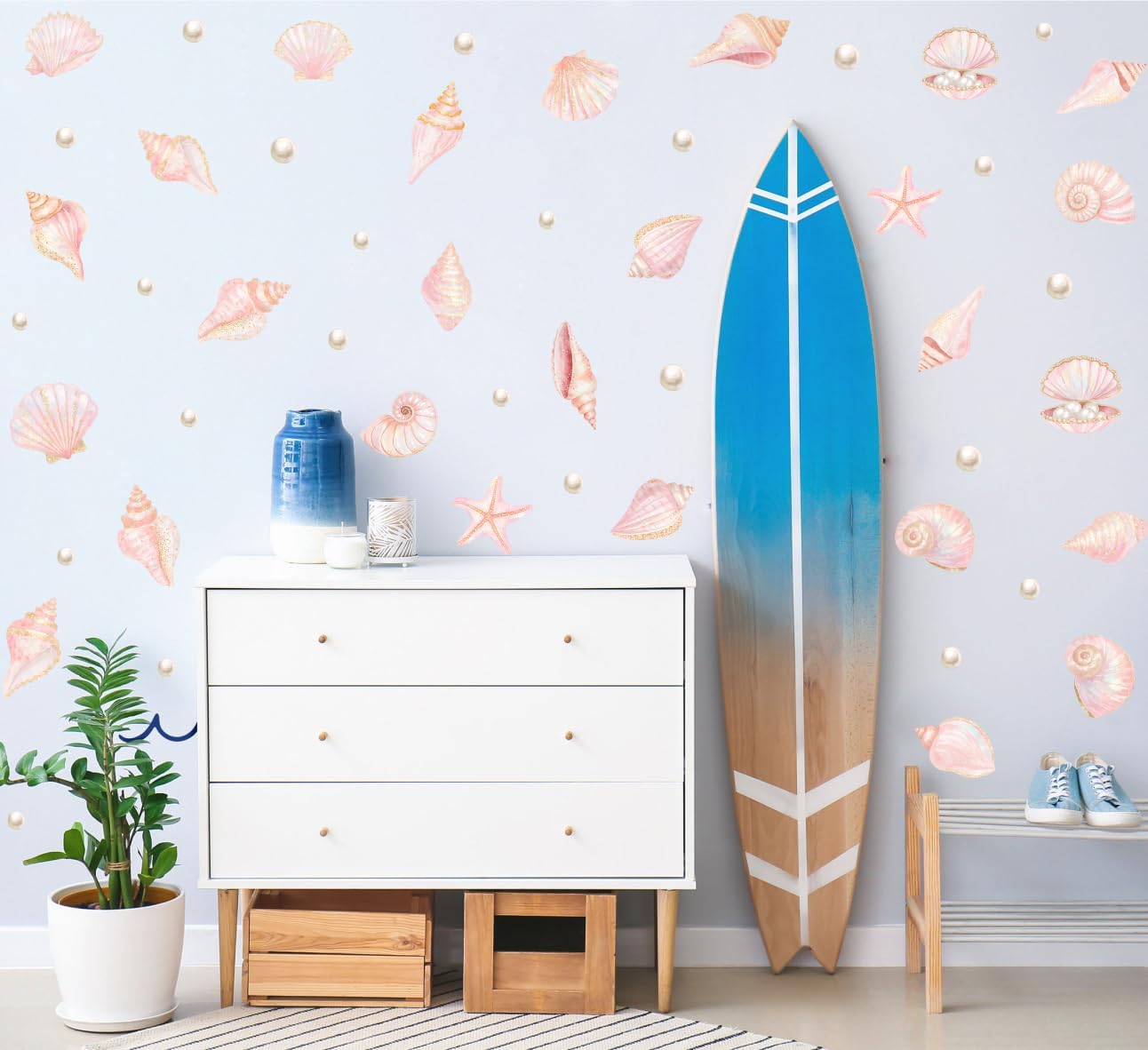 YIMEHDAN Pink Shell Wall Decal, Watercolor Under The Sea Shell Vinyl Wall Stickers, Removable Ocean Themed Seashell Artwork for Girls Bedroom Kids Room Bathroom Decor