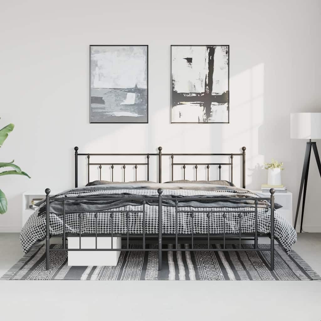 Malowana proszkowo stal rame łóżka z miejscem do przechowywania klasyczna | Metalowa rama łóżka z wezgłowiem i zanóżkiem, czarna, 183x213cm, stabilna konstrukcja stalowa, miejsce do przechowywania,