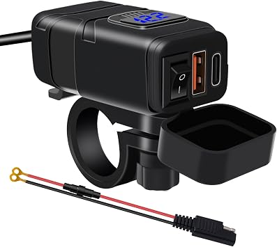 Motorcycle USB Charger, SAE to USB Adapter 48W Dual USB Type C PD & Quick Charge 3.0 Motorcycle Phone Charger with Voltmeter & ON/Off Switch, Waterproof Motorcycle Accessories,Blue
