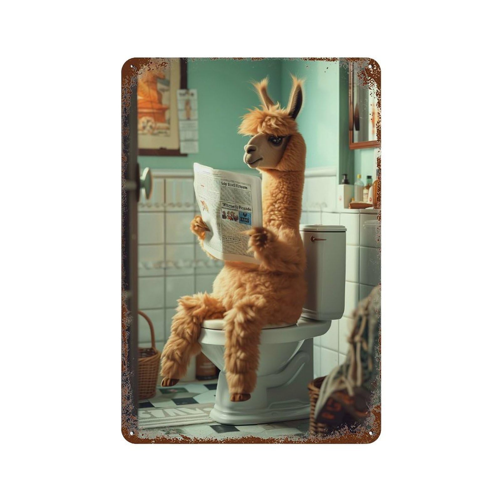 Alpaca Sitting on Toilet Tin Sign Vintage Metal Sign Bars Metal Tin Sign for Living Room Bedroom Playroom Office Garage 11.8"x7.9"