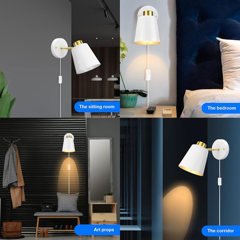 AoLa 2 Stücke Innen Vintage Wandlampe mit Schalter und Stecker Drehbar Wandleuchte Verstellbar E27 Retro Industriell Nachttischlampe mit Kabel Wand Leselampe für Schlafzimmer Wohnzimmer,Weiß