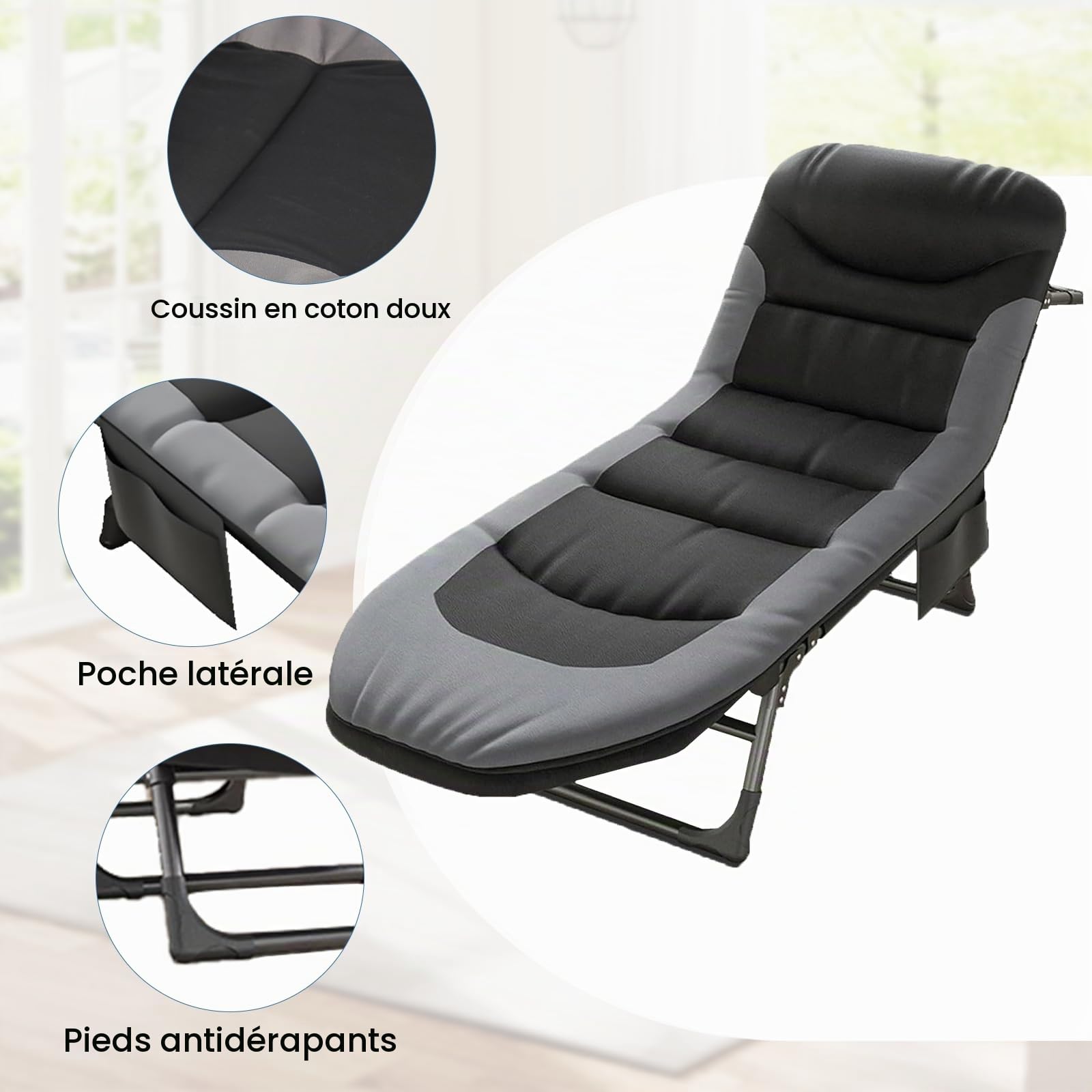 Lit de Camping Pliable XXL, Lit de Camp Pliant avec 6 Dossiers Réglables, Chaise Longue Pliable, Matelas et Poche Latérale Inclus, pour Intérieur, Extérieur, Jardin, Pêche(Gris)