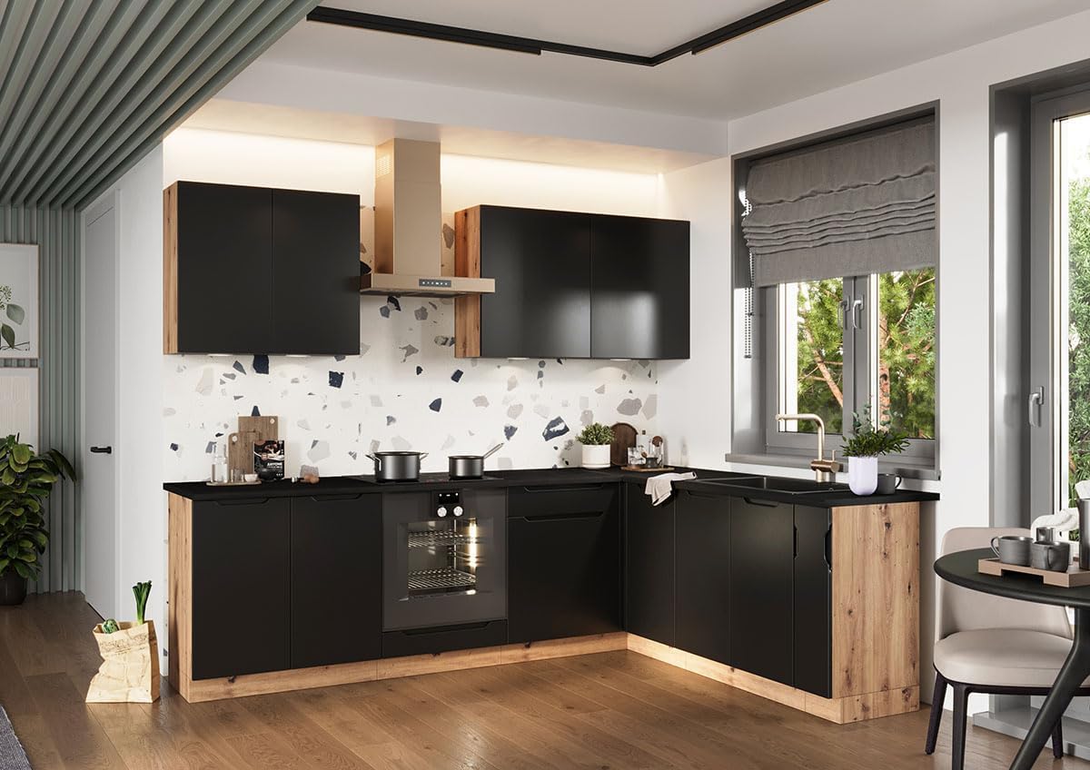 PEGANE Cuisine complète d'angle ISYA 9 éléments Couleur Noir/Chêne Artisan - Longueur 200/260 cm