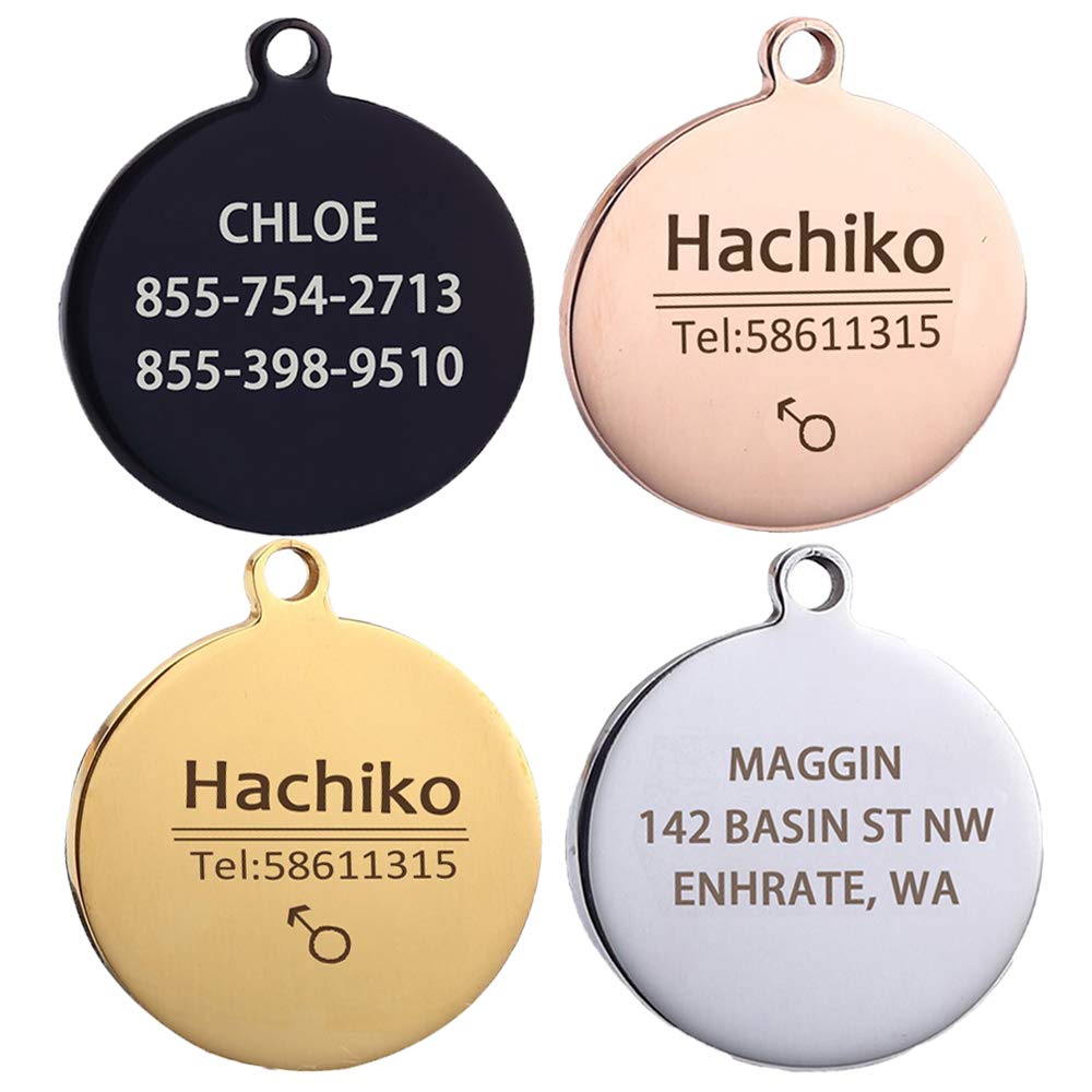 Pet ID Tags Personalized Stainless Steel Identification Tags. Custom Name Phone Number Tags - Front and Back Engraving. Up to 6 Lines of Text for Dogs and Cats (Round)