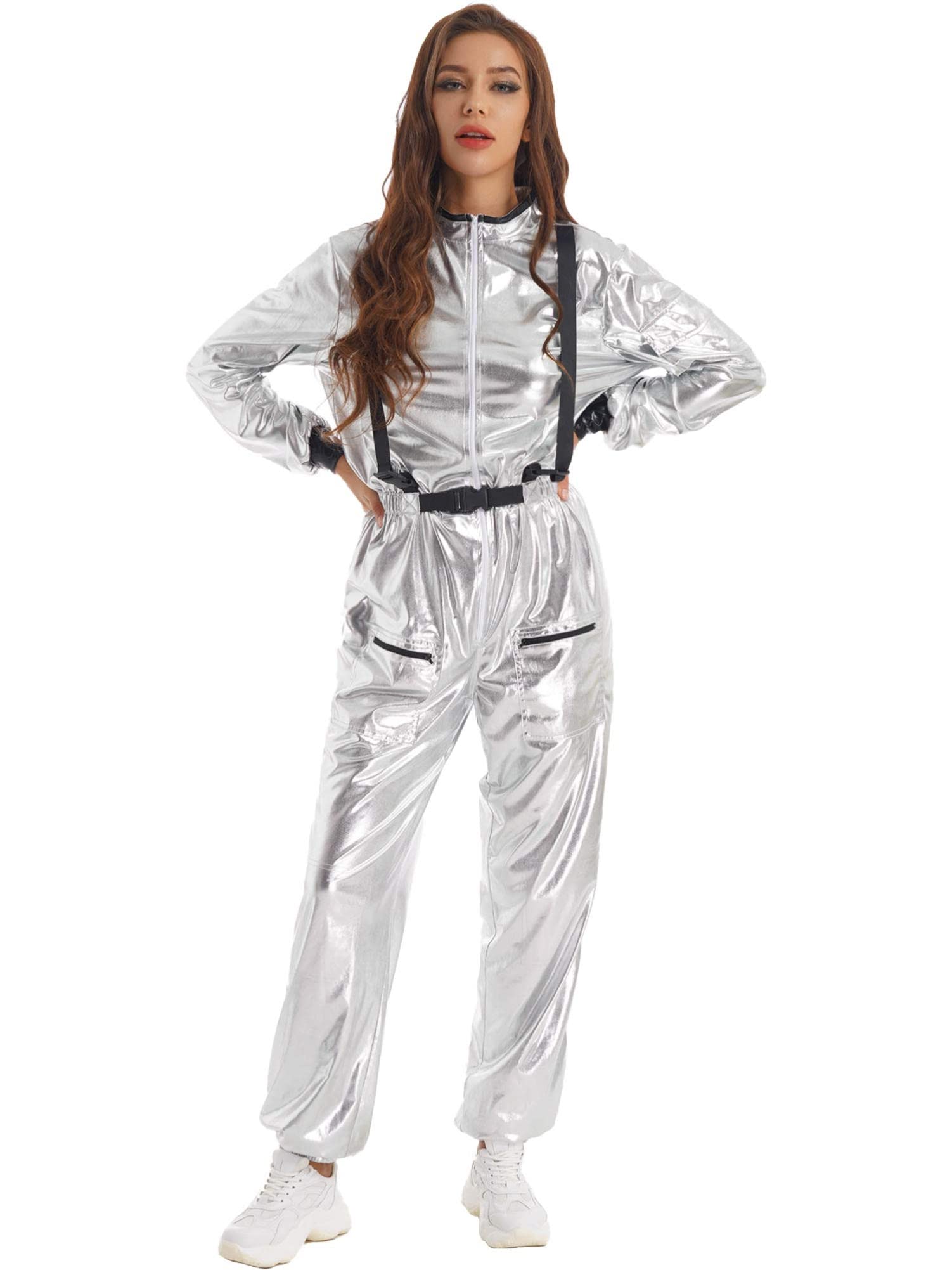 Chictry Womens Silver Astronaut Jumpsuit Costume Adult Space Suit