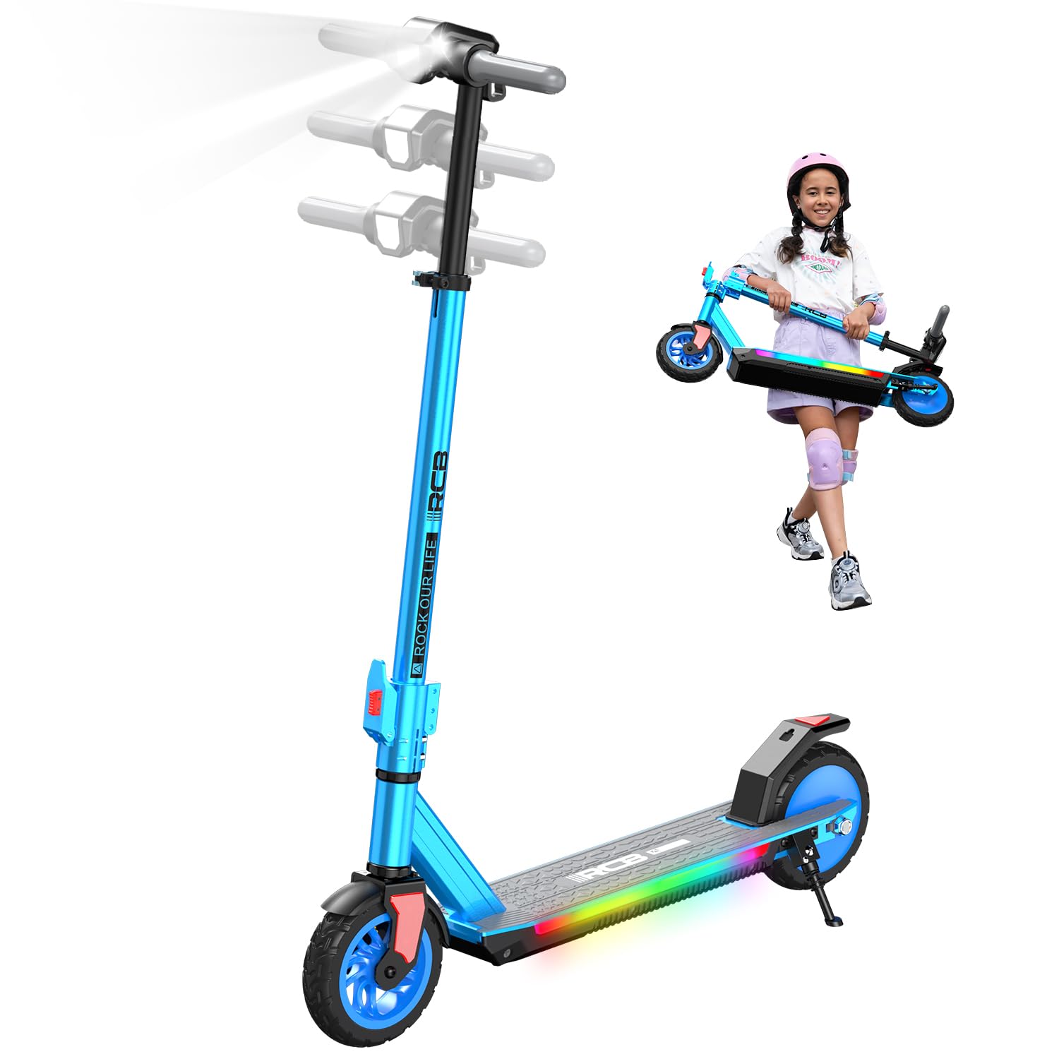 RCB R12 Pro Patinete Eléctrico Niños para 6-12 años, hasta 18km/h y 15km, 3-Altura Ajustable, 7" Plegable Patinete Eléctrico,Luces de Arco Iris,Pantalla LED, Regalos para Niños