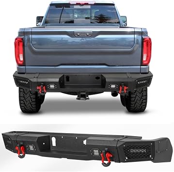 Rear Bumper for GMC Sierra, Steel Bumper Compatible with 2020-2025 GMC Sierra 2500/3500, Textured Black with LED Light Bar, D-rings