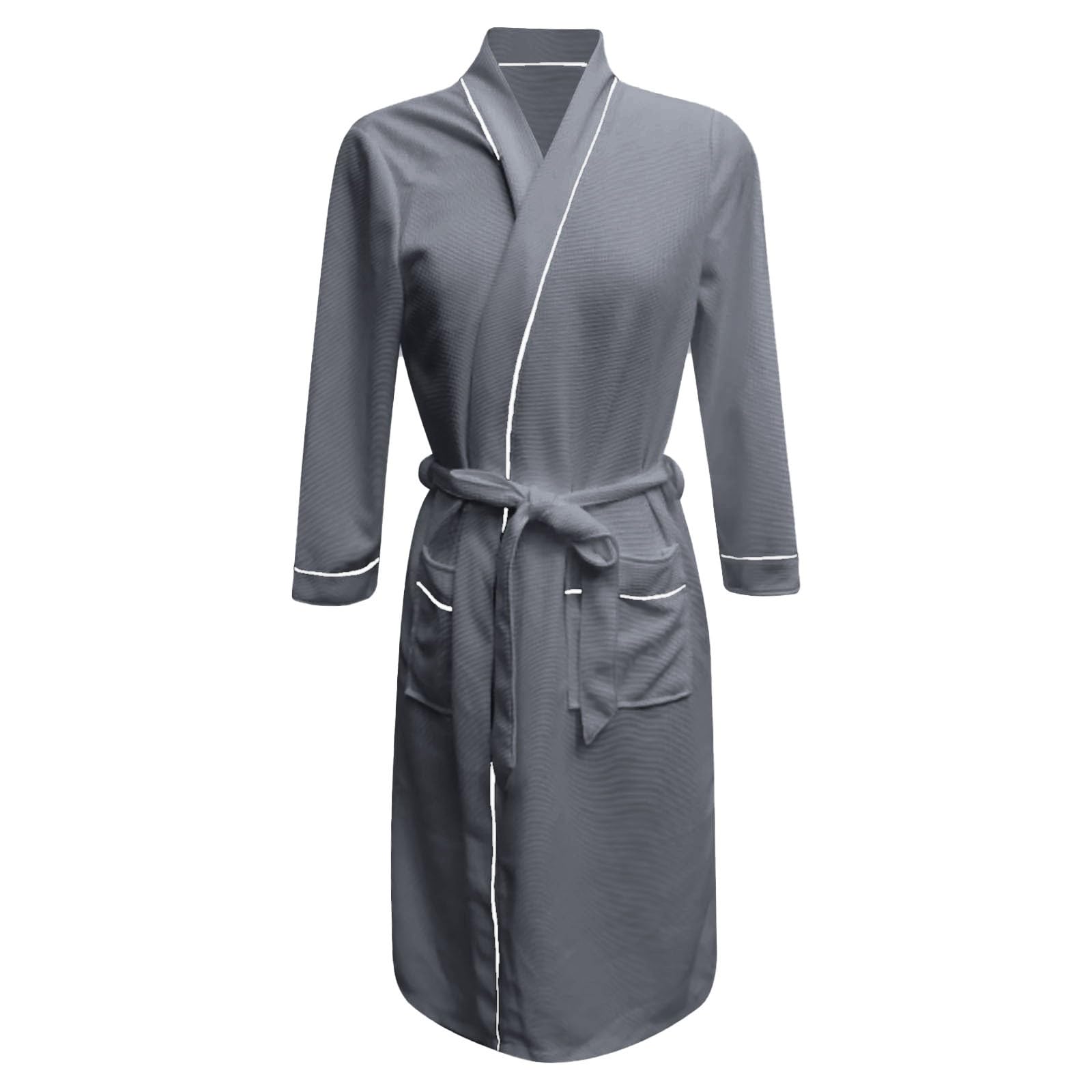 Generisch Peignoir pour femme avec manches 3/4 gaufrées, longueur genou, en tissu éponge, poncho de bain, kimono, spa, peignoir léger, pyjama, vêtement de plage, peignoir de voyage, peignoir de sauna