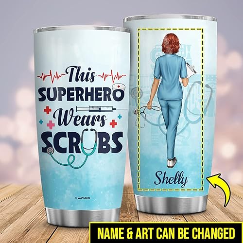 Miniatura 2 de Wassmin Vaso personalizado de Superhero Wears Scrubs con tapa, estetoscopio aislado al vacío, taza de café de viaje de 20 onzas, 30 onzas, regalos