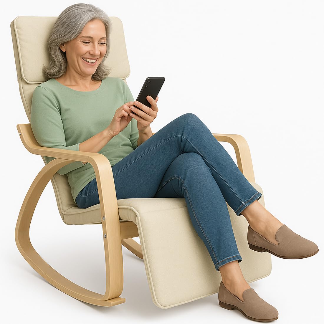 BAKAJI Sedia a Dondolo in Legno di Betulla con Rivestimento in Cotone Imbottito in Spugna Altissima Densità, Oscillante Relax con Poggiapiedi Regolabile e Cuscino, (Beige)