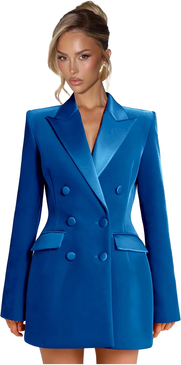 Velvet Blazer Dress for Women Sexy Elegant Formal V Neck Suit Dresses Long Sleeves Party Blazer Dress for Office Work
