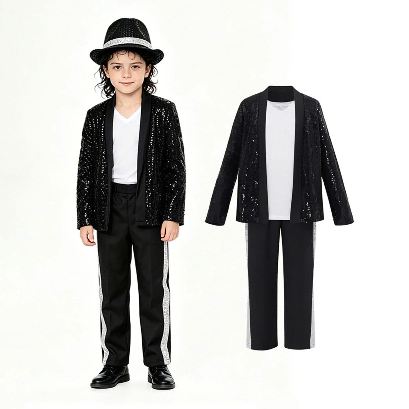 Genérico Traje de Estrella Niño 4 12 Años Conjunto de Baile con Chaqueta Lentejuelas Negra Sombrero y Guantes Estilo Años Disfraz la Música Niño Disfraces Cantante para y Halloween Sombrero Guante