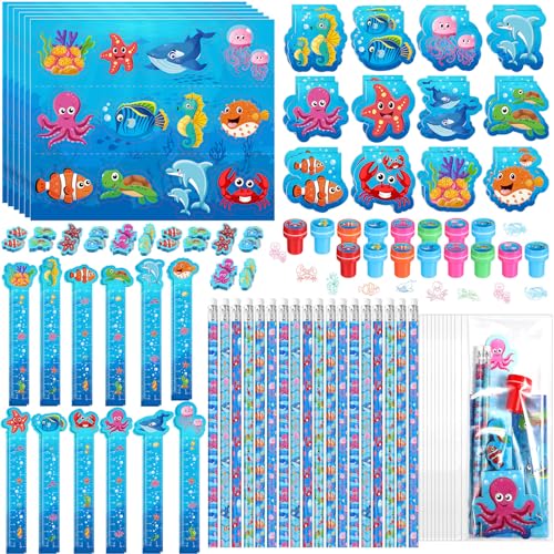 Image of PerKoop 168 Pcs Under The Sea Stationery Ocean Themed Goodie Bag Stuffers Party Supplies with Mini Ocean Notebook Pencil Sticker Stationery Gift Set for Sea Animals Prizes Rewards Piñata Fillers