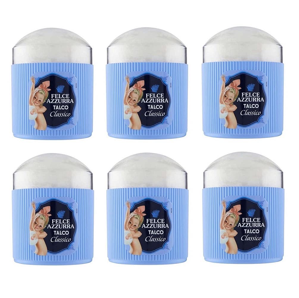 6x Paglieri Felce Azzurra Talco Classico con Piumino Körperpuder Klassisch Talkum mit Schwämmchen 250g