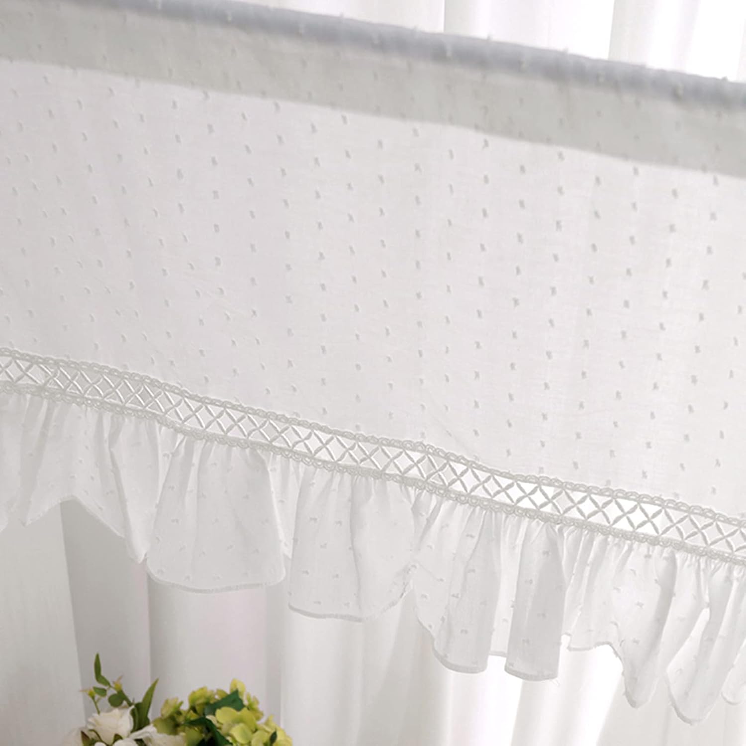 Kitchen Curtain Short Curtains,White Polka Dot Hollow Tier Curtain Valance,Country Style Bistro Coffee Curtain,Translucent Voile Curtains for Kitchen Bathroom Bedroom Coffee Shop Office Closet Shelf