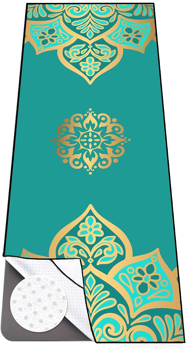 Hot Yoga Towel with Grip Dots, Non Slip, 70"x26, Turquoise Gold Mandala | Sweat Absorbent Yoga Mat Towel, Portable with Travel Bag, Catching Eyes Design, For Hot Yoga, Bikram, Pilates and Fitness