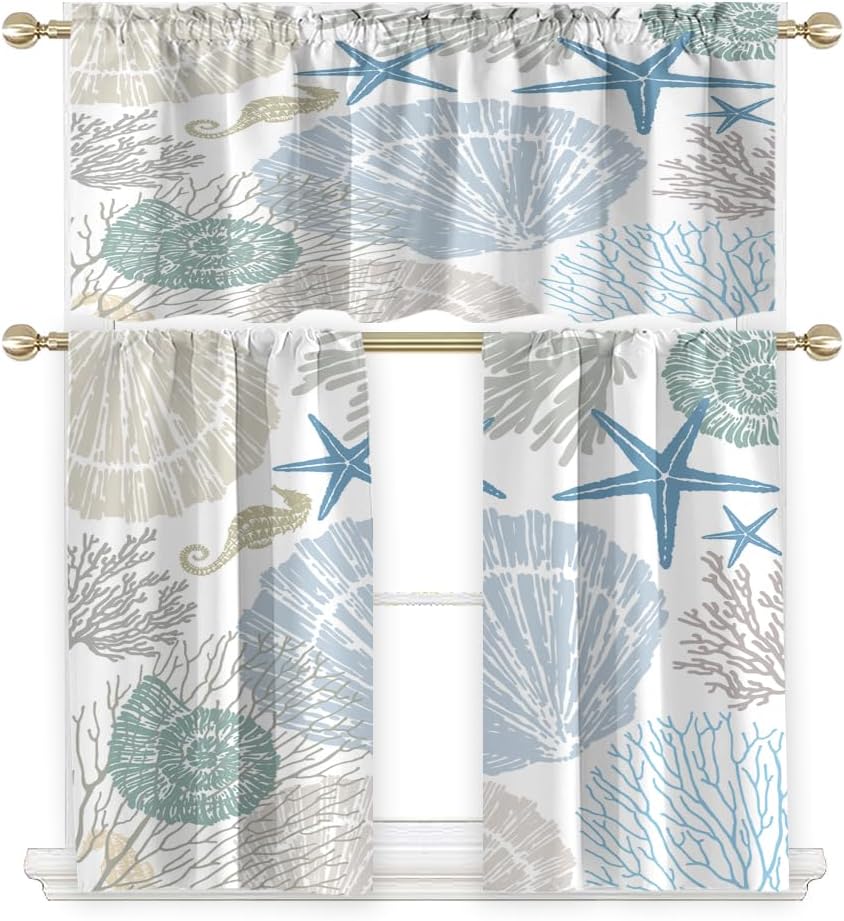 AAtter Coastal Kitchen Curtains Set, White Blue Beach Nautical Valance and Tiers, Tropical Ocean Seashell Starfish Seahorse Pattern Small Short Rod Pocket Window Treatments 52x18 inch + 26x36 inch*2