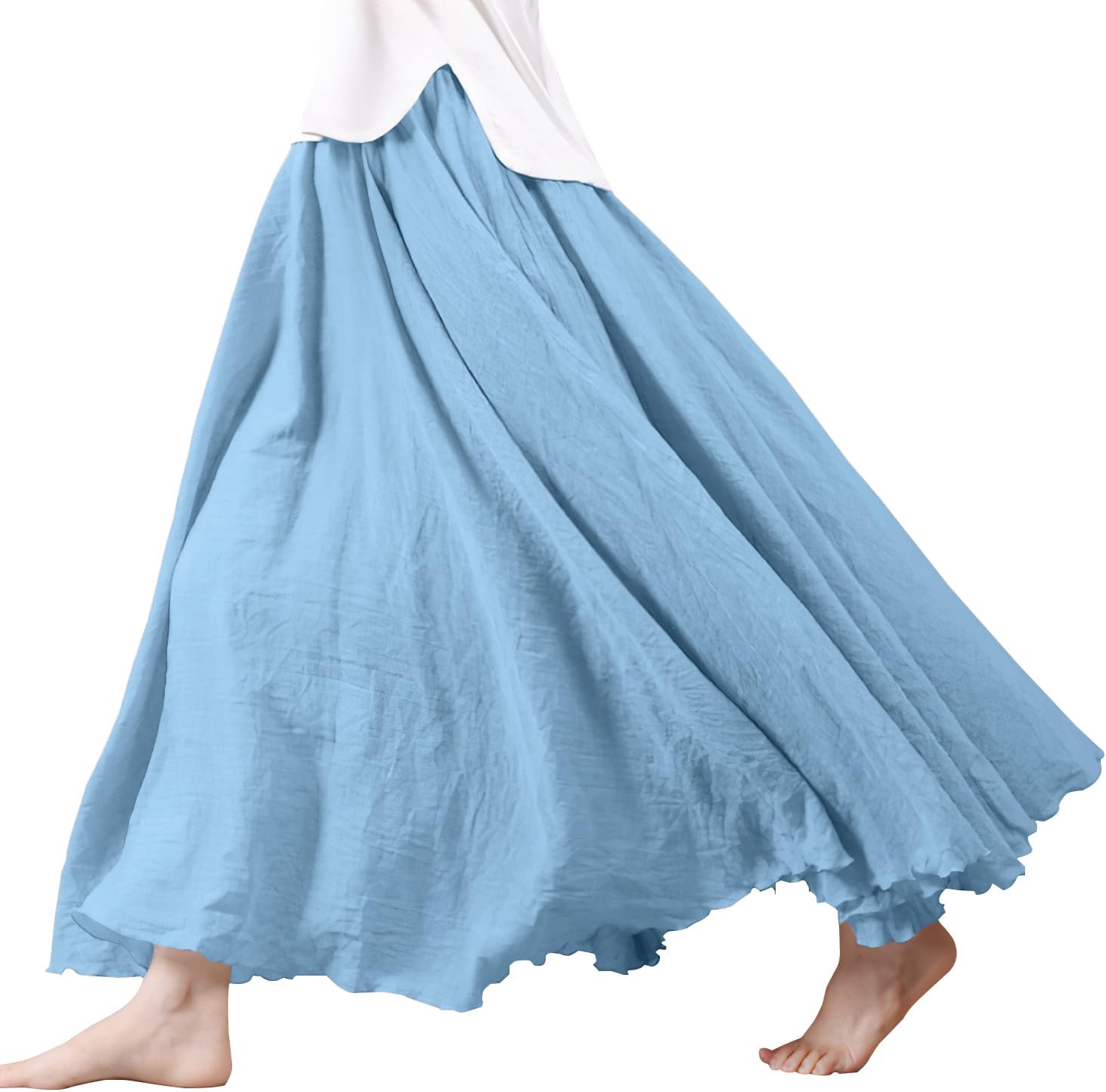Women's Elastic Waist A Line Long Maxi Cotton Linen Skirt Bohemian Soft Lined Swing Skirt