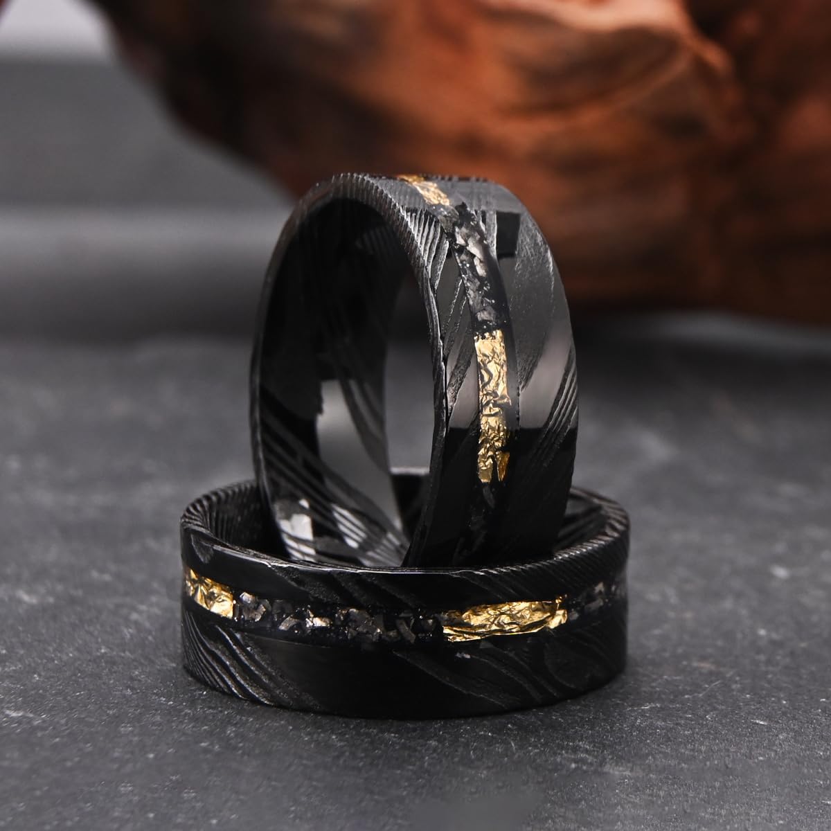 Black Damascus Steel Rings for Men Inlaid with Gold Foil Meteorite Fragments 8mm Flat Men's Wedding Bands Stylish and Comfortable Suitable for Party Anniversaries - Image 3